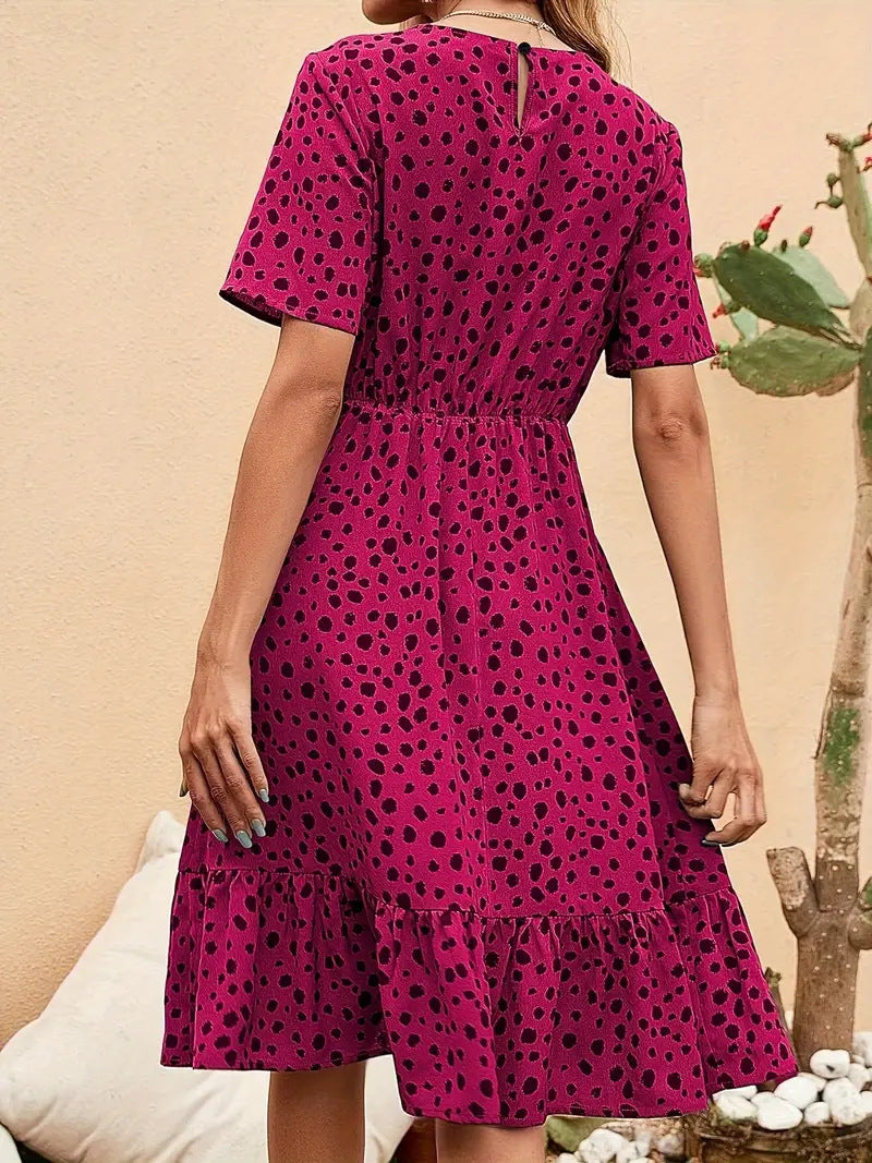 Women's Casual Polka Dot Printed Round Neck Short Sleeve A-Line Dress
