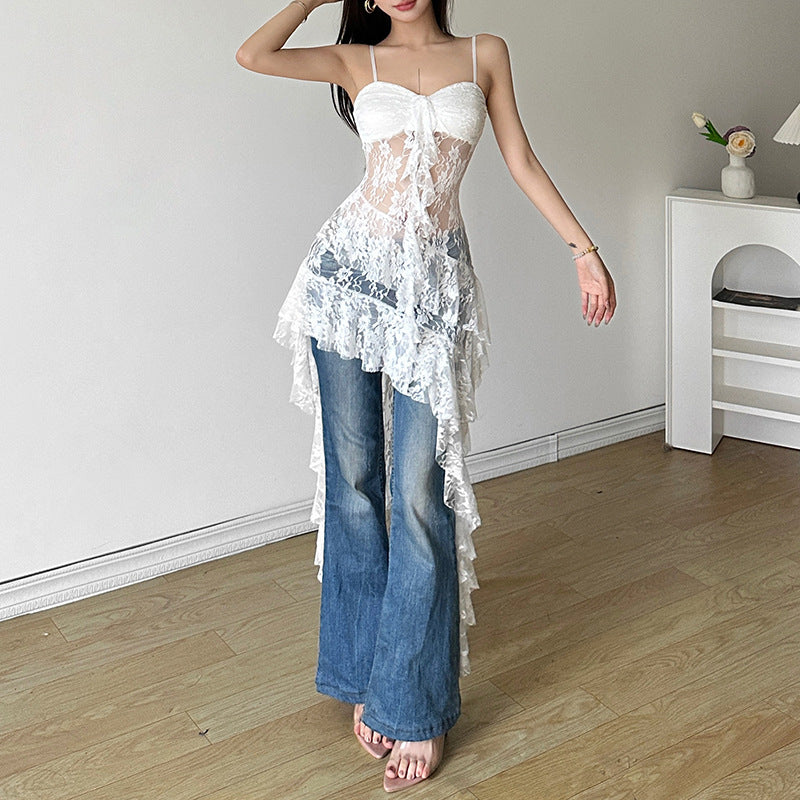 Women's Sexy Summer Solid Color Lace Slim-Fit Spaghetti Strap Backless Dress