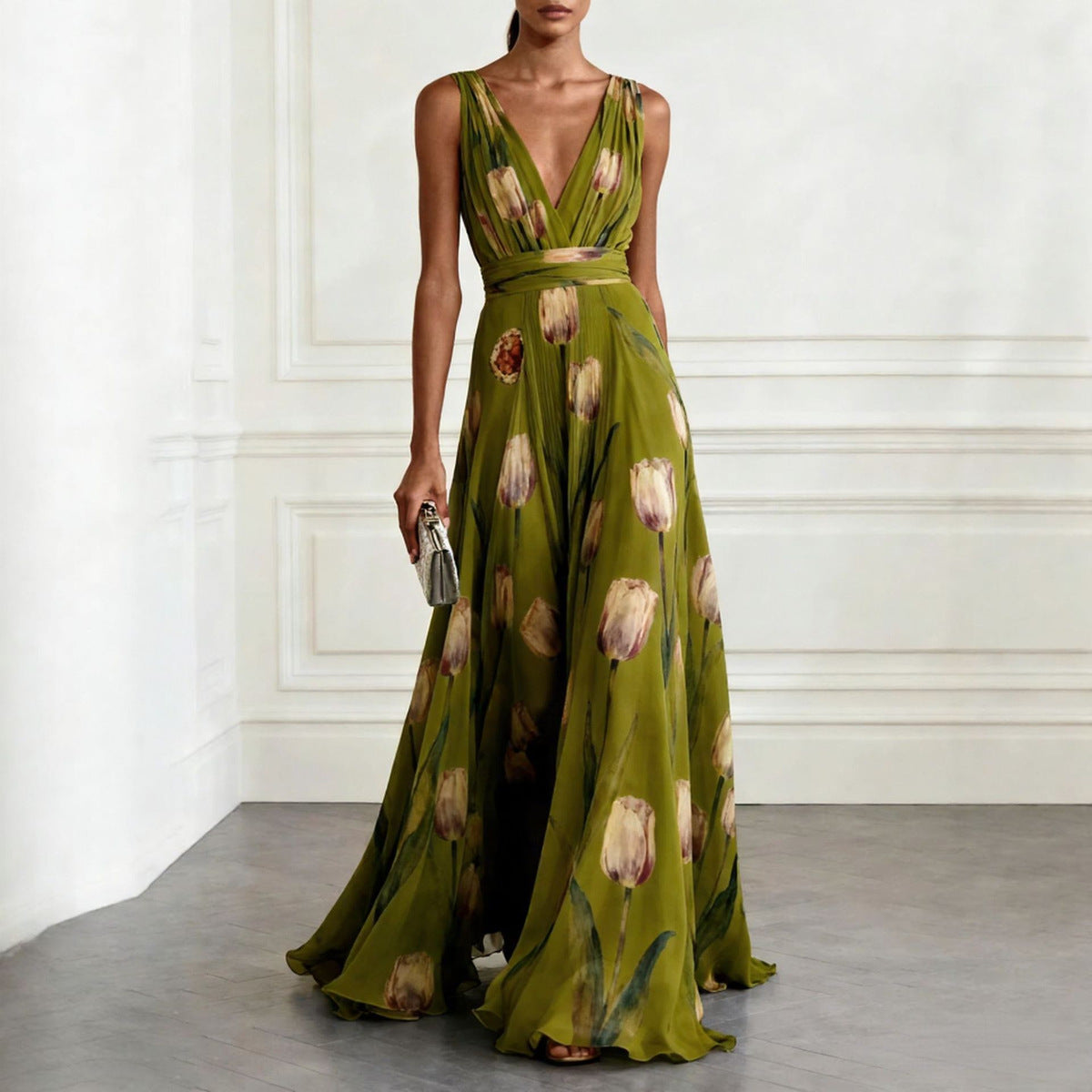 Women's Casual Flower Printed V-Neck Sleeveless Large Swing A-Line Dress