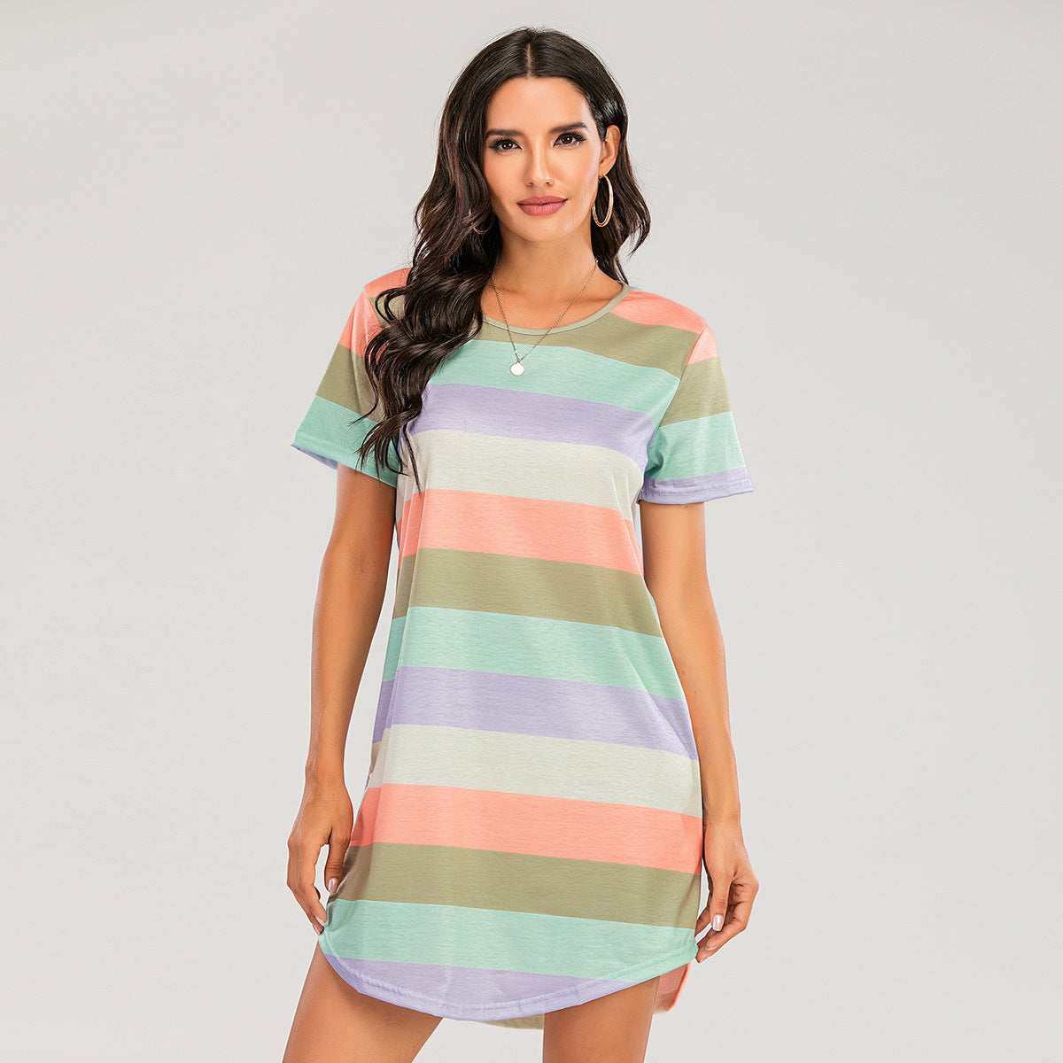 Women's Casual Spring and Summer Rainbow Stripe Short Sleeve Loose Dress
