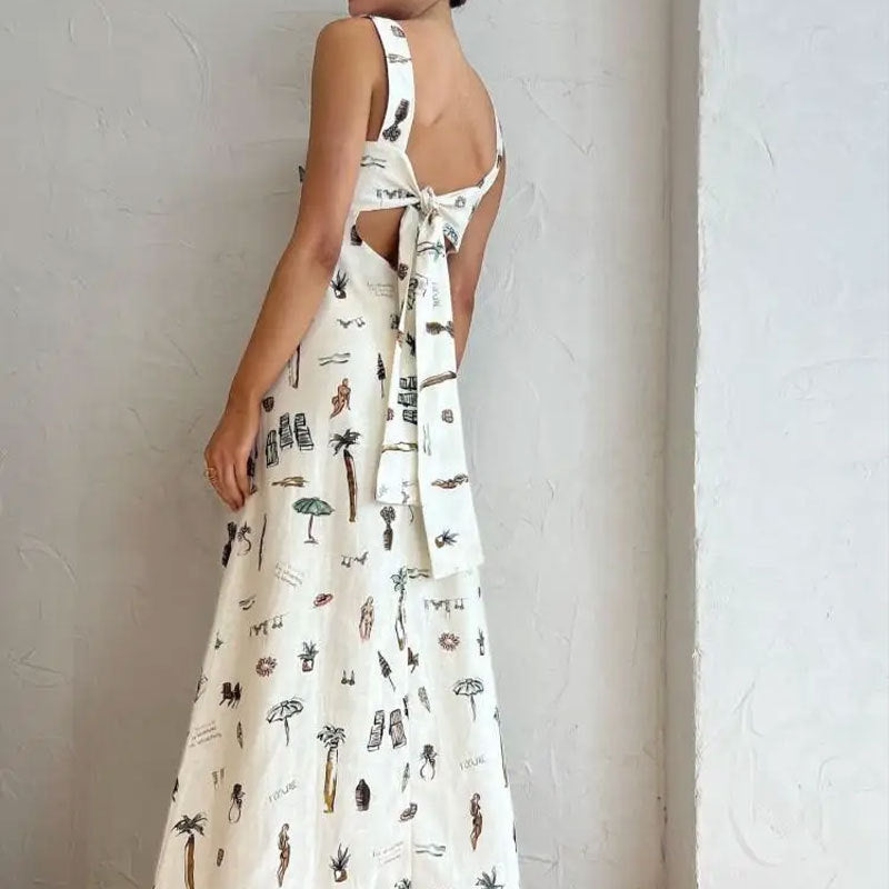 Women's Casual Summer Printed Sleeveless Backless Lace-Up Loose Dress