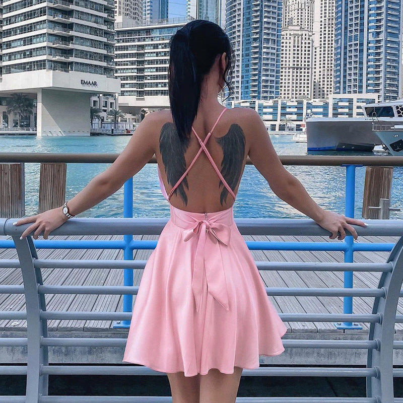 Women's Satin Backless Sleeveless V-Neck Solid Color Ruffled Night Out Dress