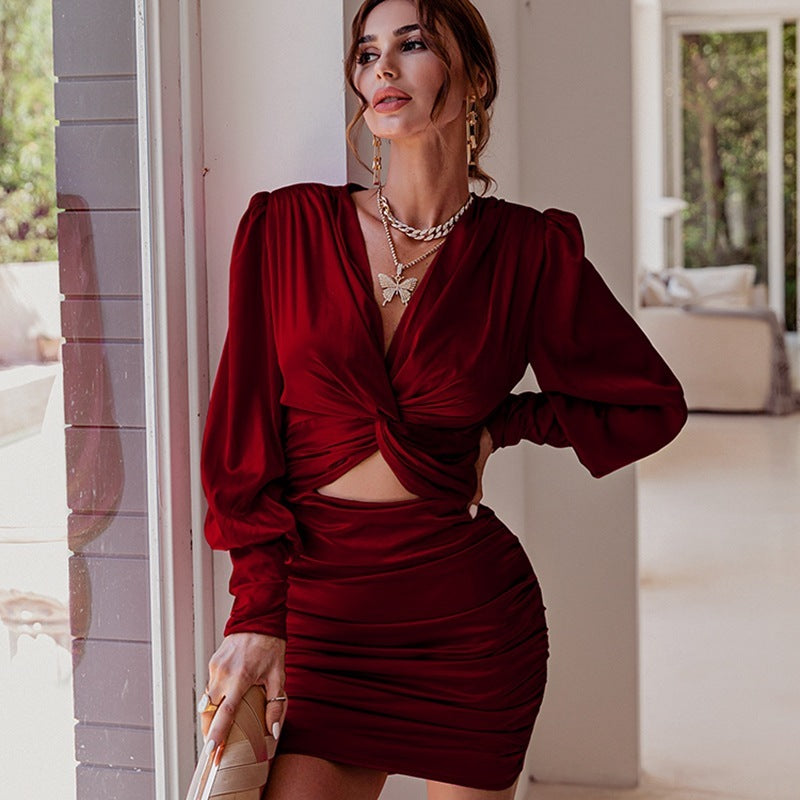 Women's Elegant Solid Satin Long Sleeve Knotted Cut Out Sweet Dating Dress