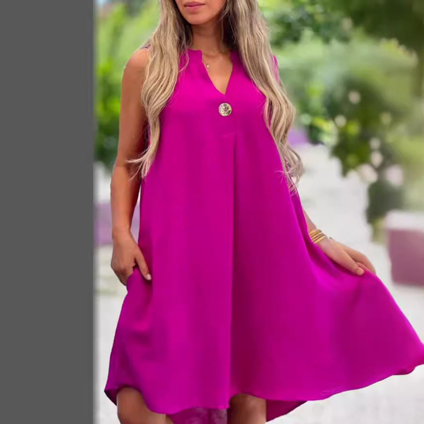 Women's Summer Casual V-Neck Solid Color Sleeveless Midi Dress