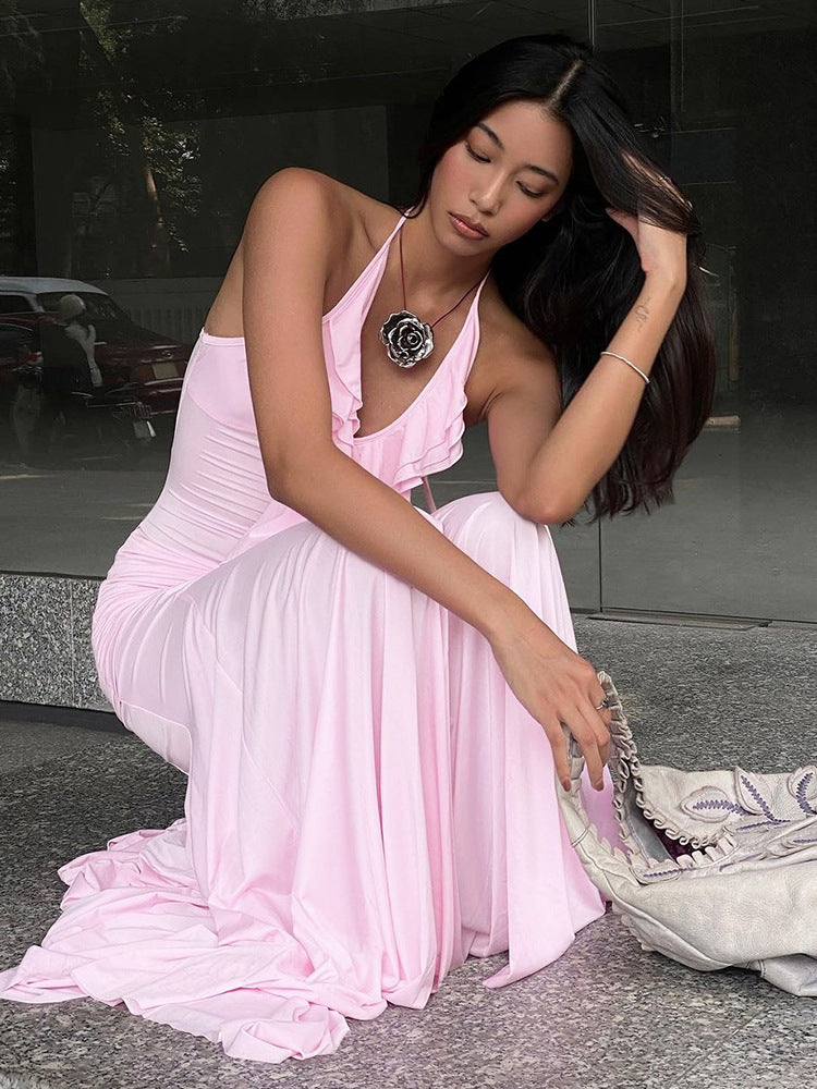 Women's Elegant Solid Color Ruffled Neck Backless Bodycon Maxi Dress
