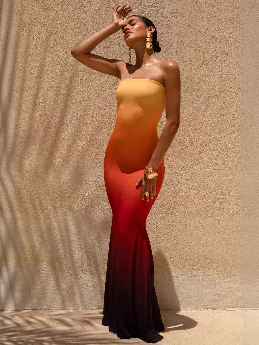 Women's Spring Summer Floral Print Strapless Bodycon Maxi Dress