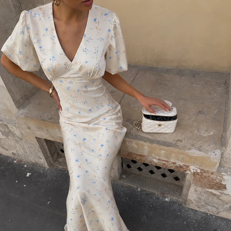 Women's Elegant Flower Printed V-Neck Short Sleeve Dress