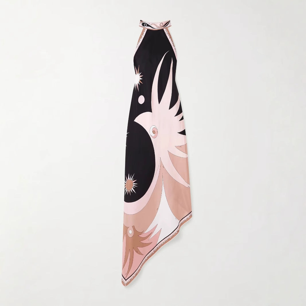 Women's Sexy Irregular Printed Satin Halter-Neck Backless Dress