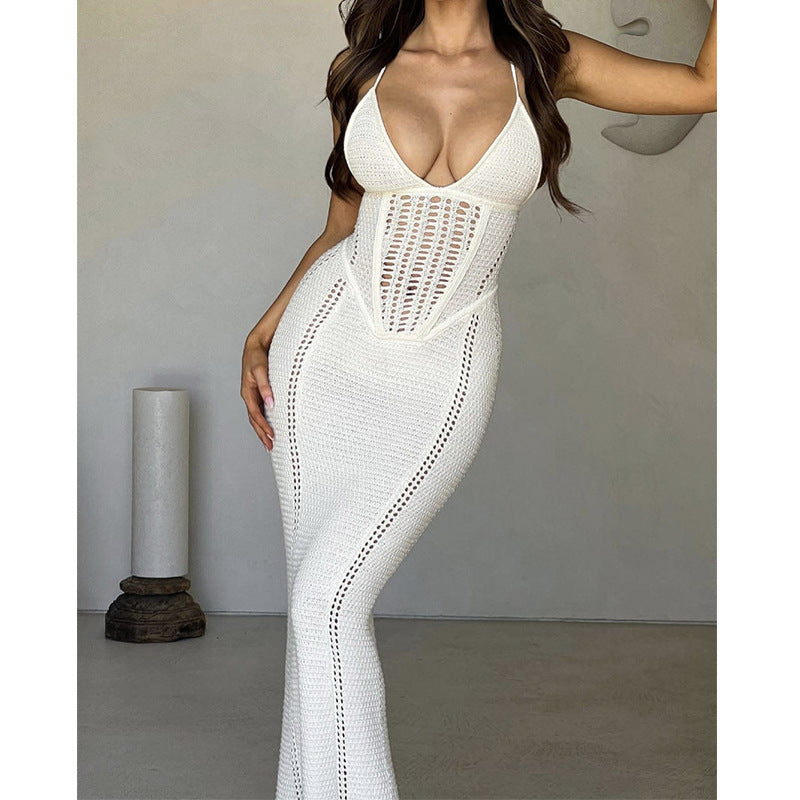 Women's Sexy Backless Hollow Knitted Dress, Solid Color