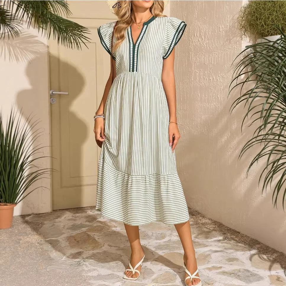 Women's Casual Stripe Ruffled V-Neck Short Sleeve Loose Dress