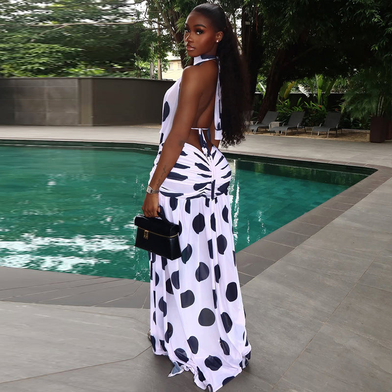 Women's Sexy Polka Dot Printed Hanging Neck Cut-Out Irregular Maxi Dress