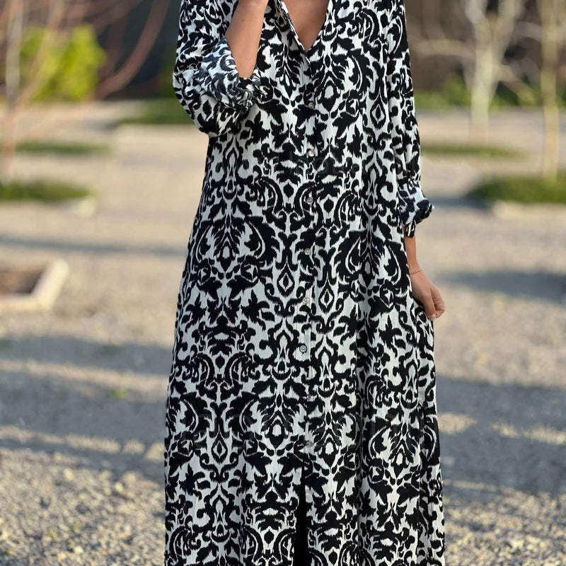 Women's Loose Casual Geometric Print Long Sleeve Shirt Dress, Plus Size