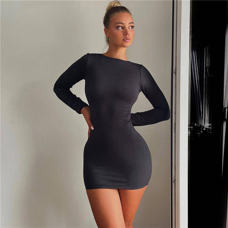 Women's Sexy Backless Solid Color Round Neck Long Sleeve Tight Dress