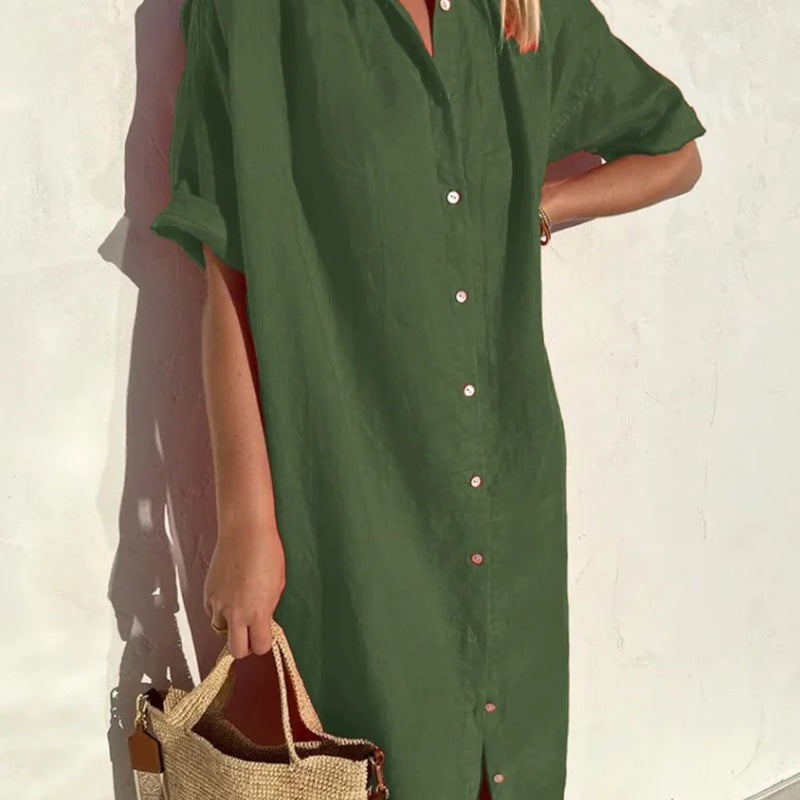 Women's Elegant Short Sleeve Button Cotton Linen Long Pocket Maxi Shirt Dress
