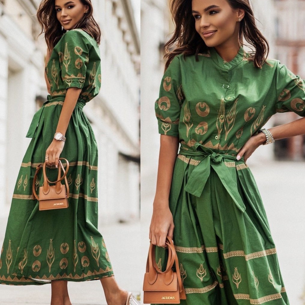 Women's Printed Short Sleeve Single-Breasted Casual Midi Dress