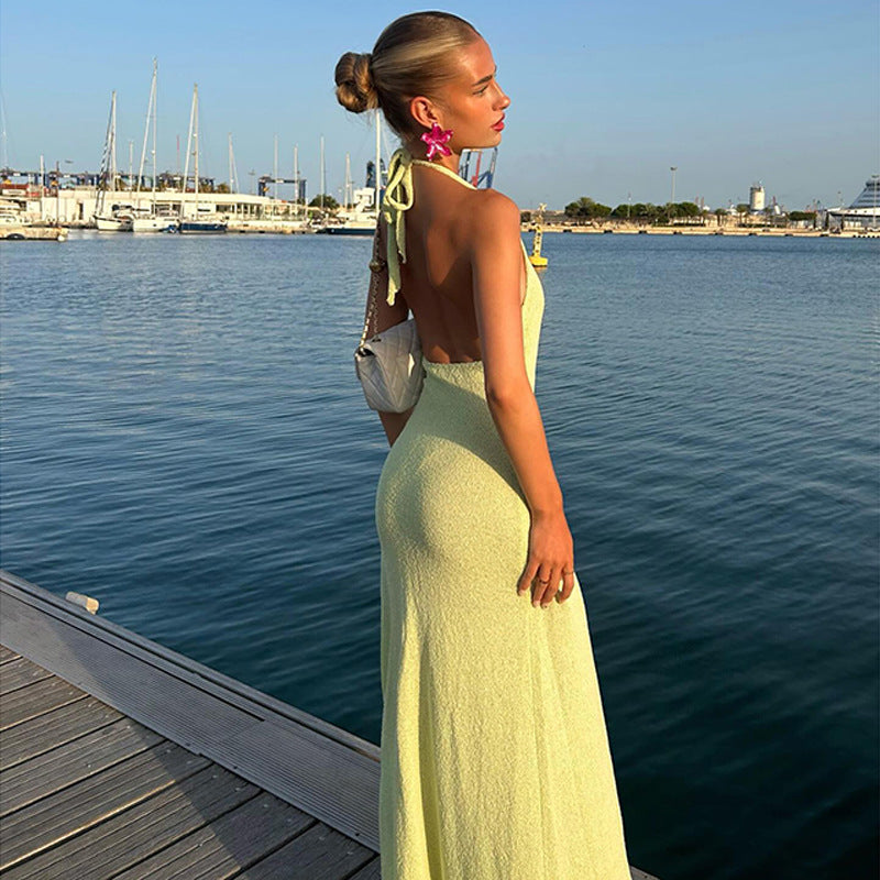 Women's Sexy Solid Color Halter-Neck Deep V-Neck Backless Split Maxi Dress