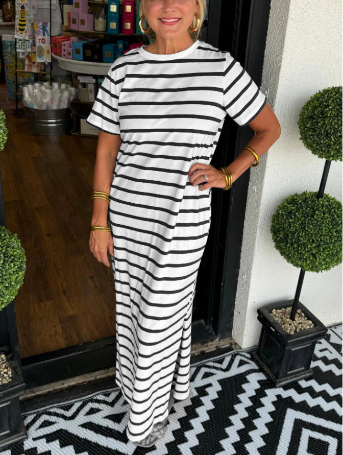 Women's Casual Side Pocket Stripe Round Neck Side-Slit Short Sleeve Maxi Dress
