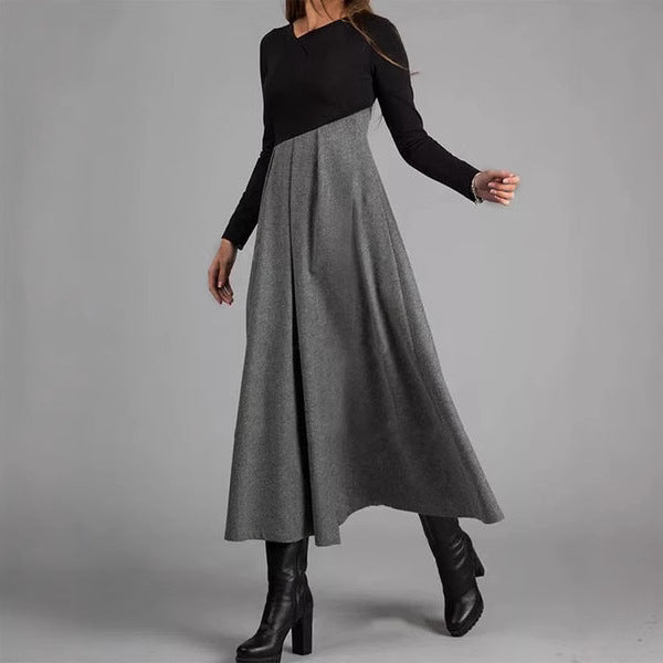 Women's Autumn and Contrast Color Woolen V-Neck Long Sleeve Stitching Dress