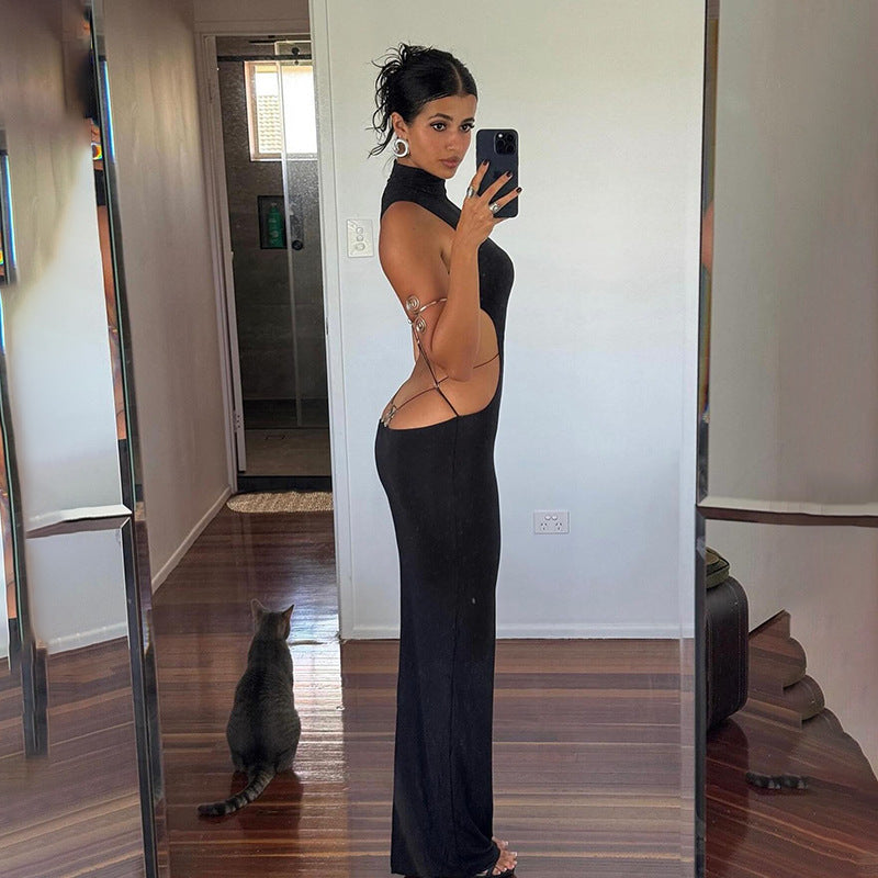 Women's Summer Sexy Round Neck Sleeveless Backless Butterfly Tight Maxi Dress