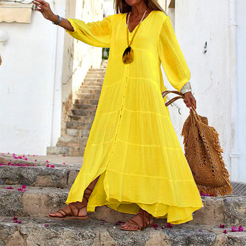 Women's Summer Solid Color Bohemian V-Neck Long Sleeve Cotton Linen Maxi Dress