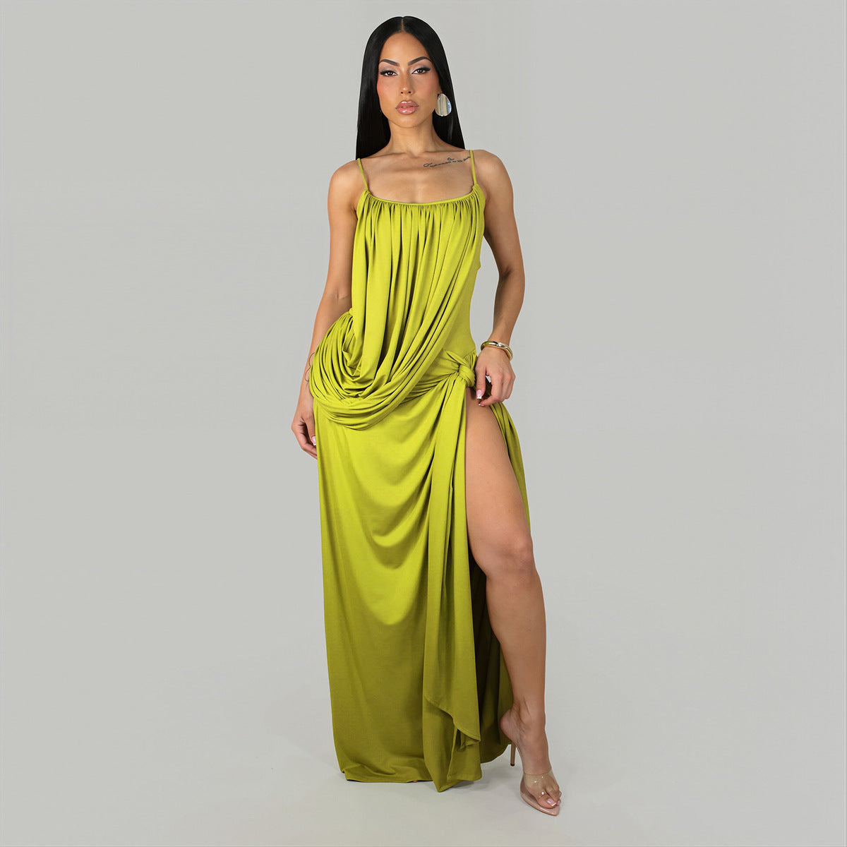 Women's Sexy Solid Color Twisted Waist Spaghetti Strap Split Dress