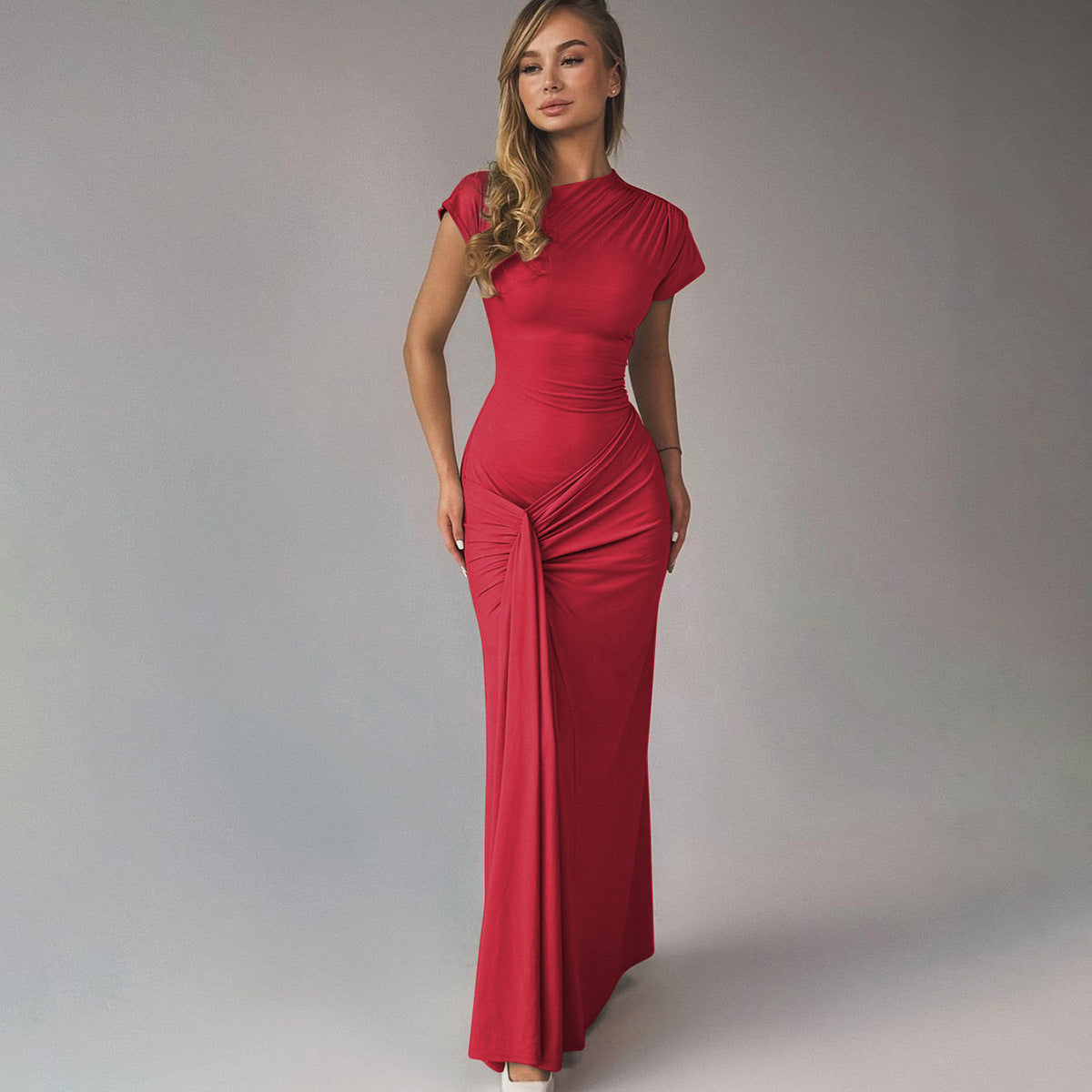 Women's Elegant Summer Solid Color Short Sleeve Slim Fit Pleated Lace-Up Dress
