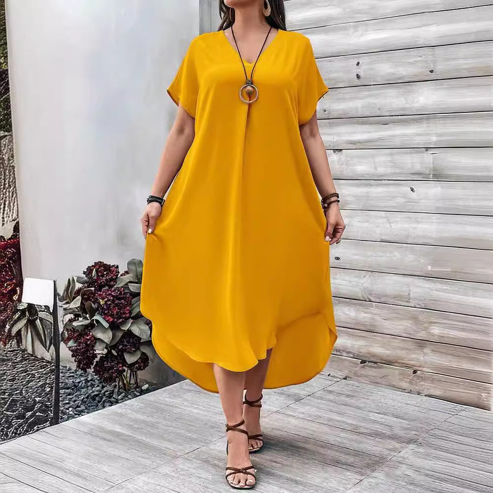 Spring and Summer Plus Size Women Casual V-Neck Irregular Skirt Dress