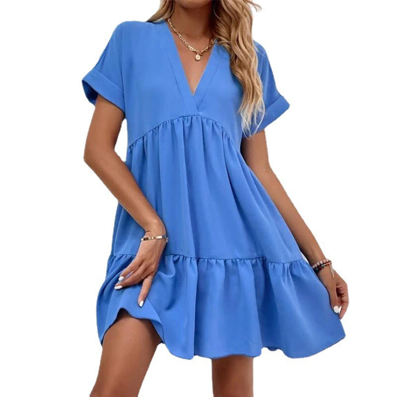 Women's Summer Casual V-Neck Short Sleeve Large Swing Dress