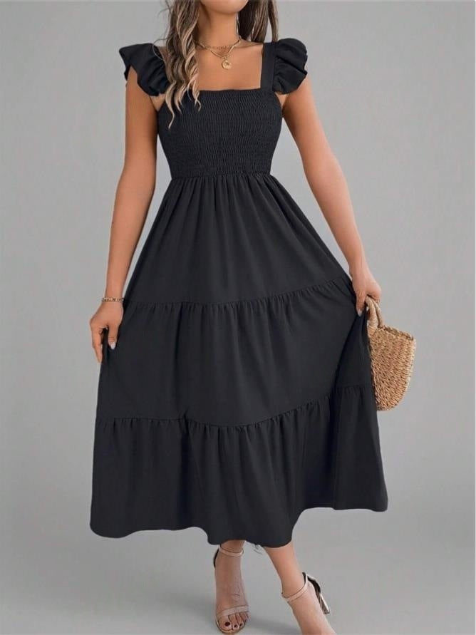 Women's Casual Solid Color Pleated Sleeveless Layered Maxi Dress