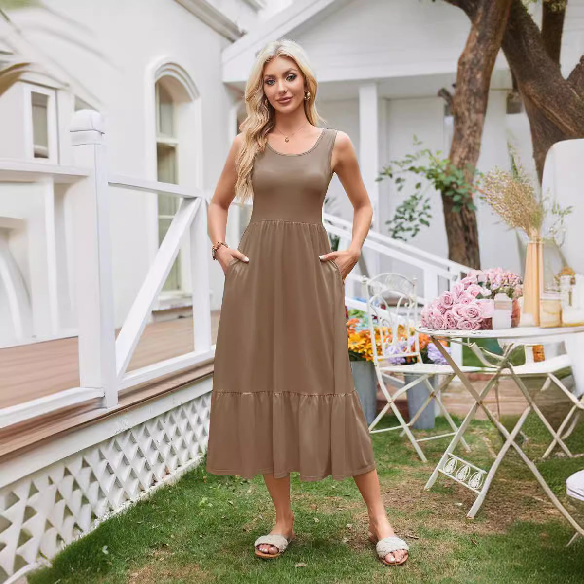 Women's Casual Square Collar Pleated Sleeveless Midi Vest Dress