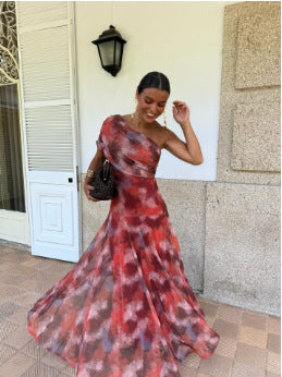 Women's Summer Tie Dye Printed Slanted Shoulder Pleated Slim-Fit Big Swing Dress