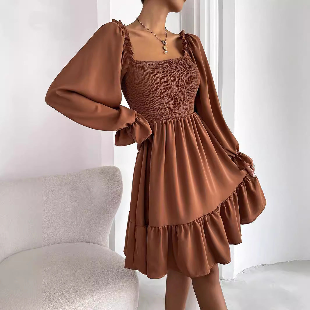Women's Casual Solid Color Square Collar Long Sleeve Ruffled Dress