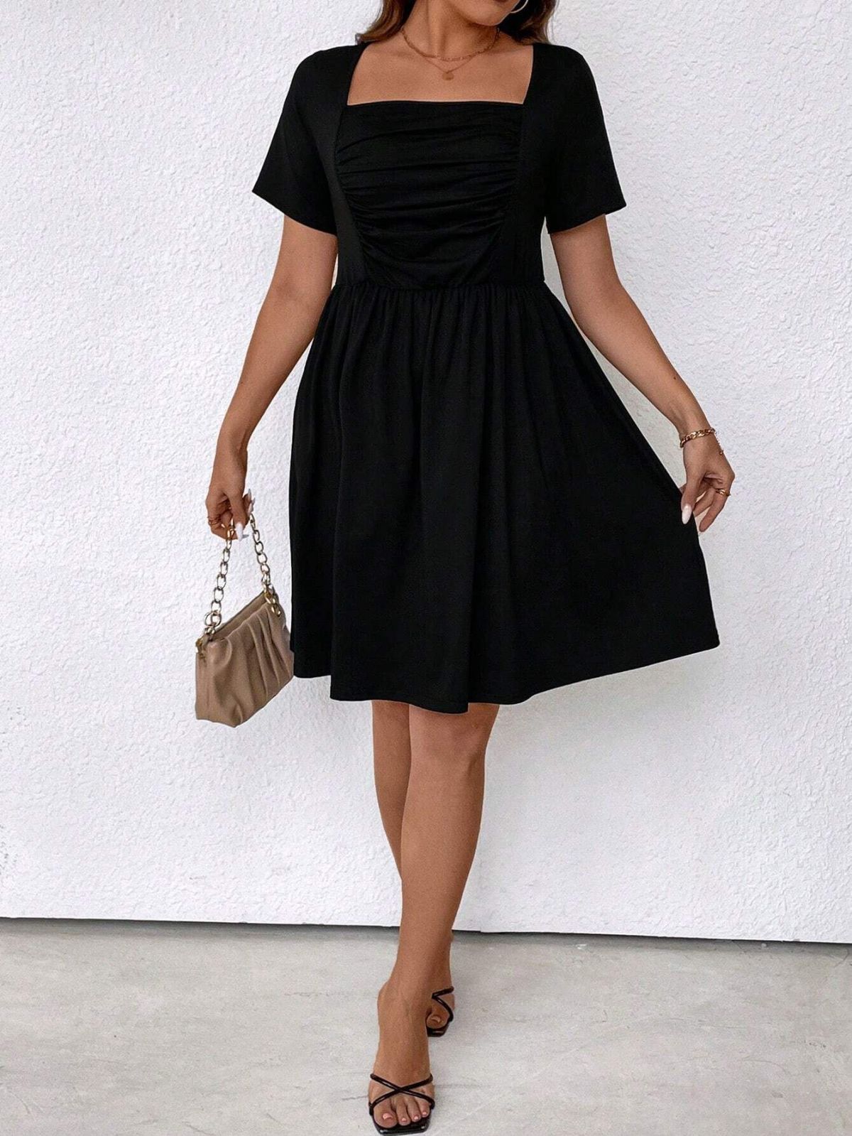 Women's Plus Size Square Collar Defined Waist Dress, Elegant Solid