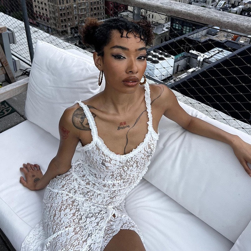 Women's Sexy Halter Lace Perspective Split Dress