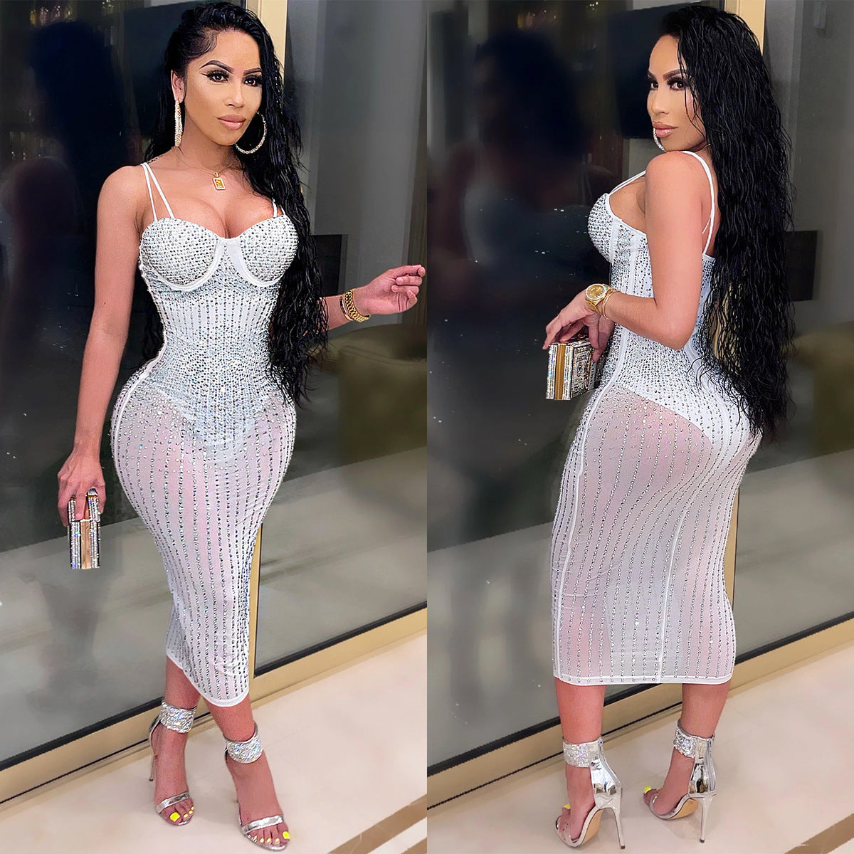 Women's Sexy Mesh Rhinestone Spaghetti Strap Bodycon Dress