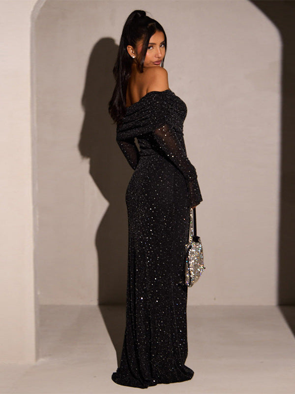Women's Sexy Elegant Solid Color Off-Shoulder Long Sleeve Mesh Waist Hip Dress