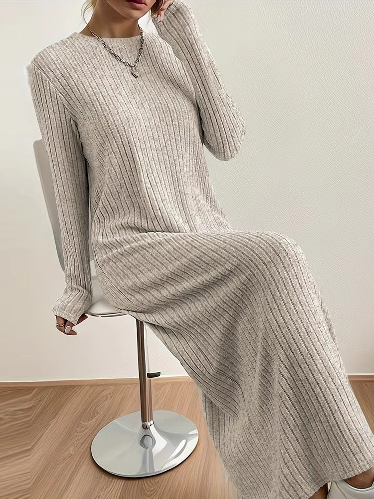 Women's Casual Autumn Winter Solid Color Round Neck Long Sleeve Maxi Dress