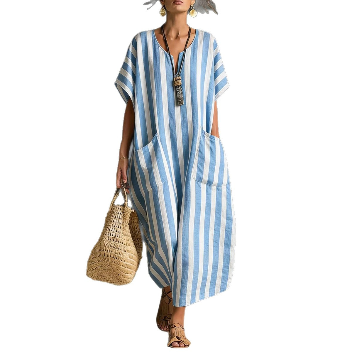 Women's Casual Stripe Print V-Neck Short Sleeve Pockets Loose Dress