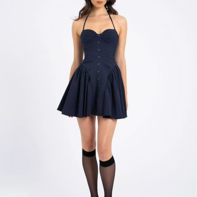 Women's Sexy Stripe Halter-Neck Lace-Up Loose Dress