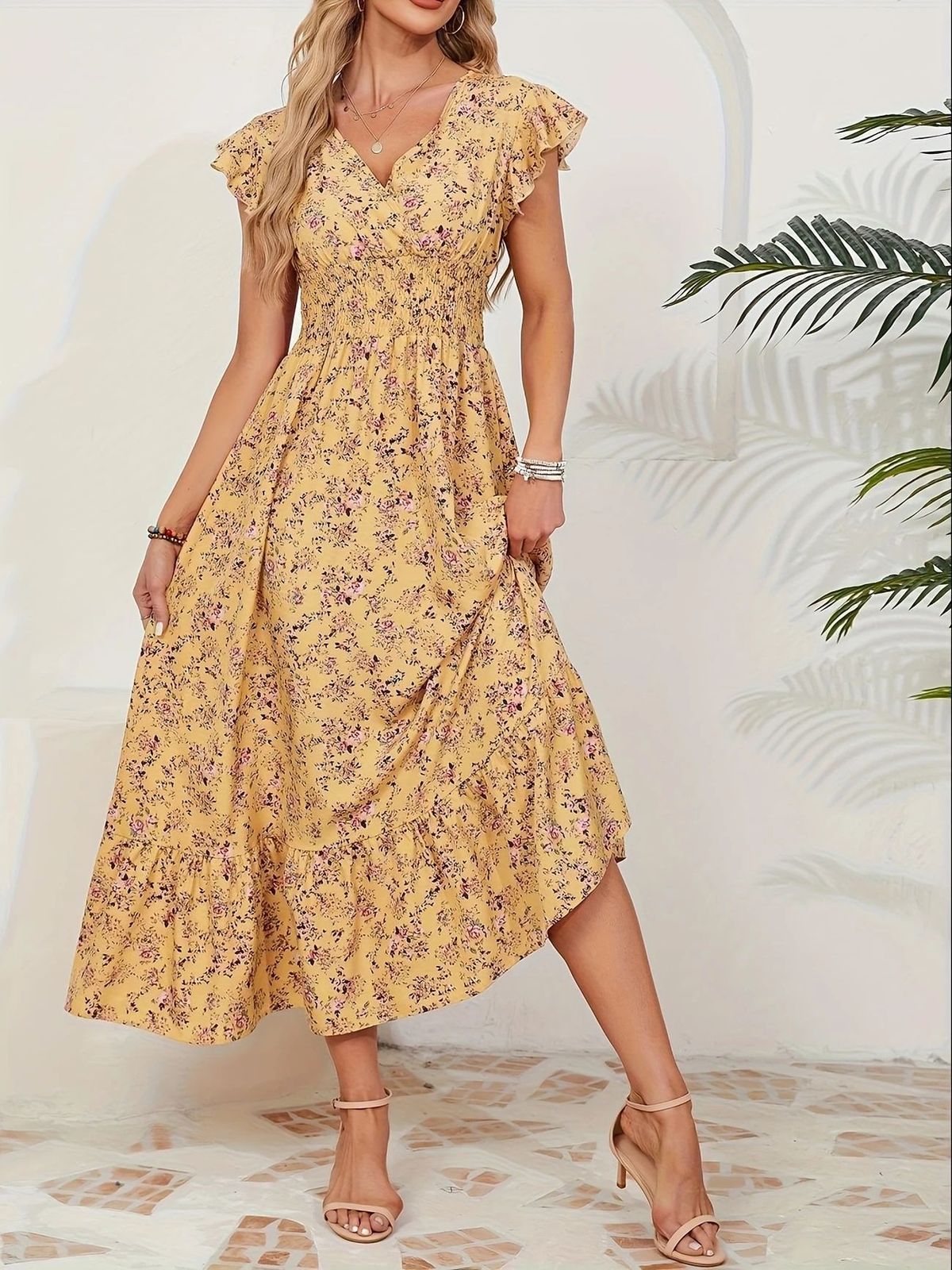 Women's Casual Summer Flower Print V-Neck Short Sleeve A-Line Loose Dress