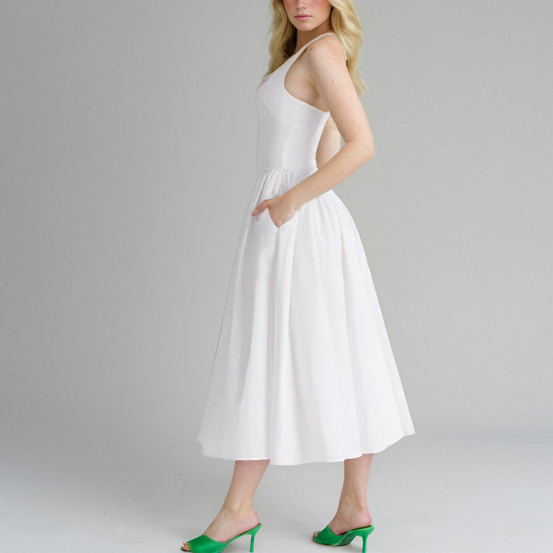 Women's Sexy Solid Color V-Neck Halter Neck Lace-Up High Waist Midi Dress
