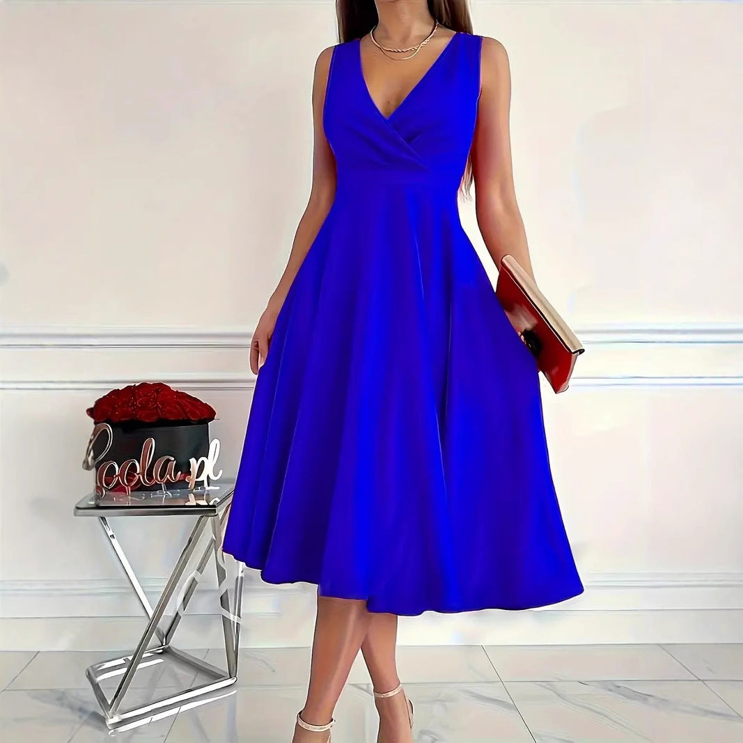 Basic Solid Color Sleeveless V-Neck Midi Dress