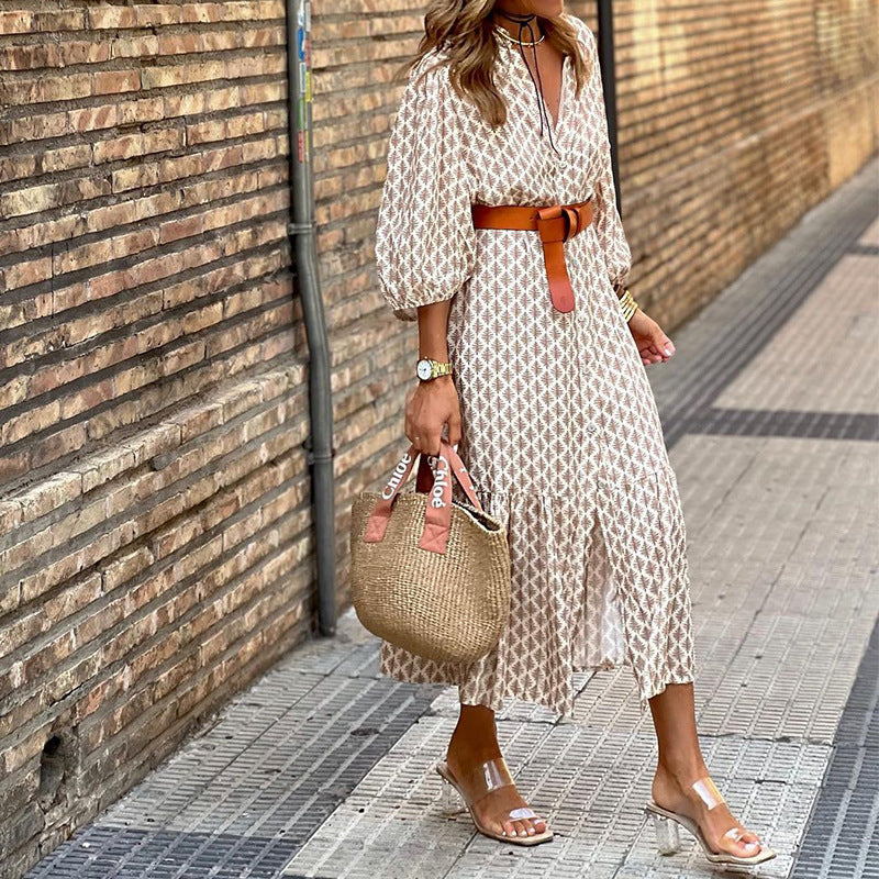 Women's Casual Printed V-Neck Long Sleeve Loose Midi Dress