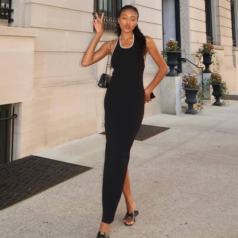 Women's Sexy Halter Neck Crewneck Knit Split Backless Maxi Dress