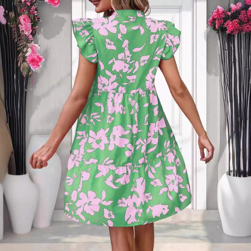 Summer Vacation Bohemian Style Women Casual Flower Motion Ruffle Midi Dress