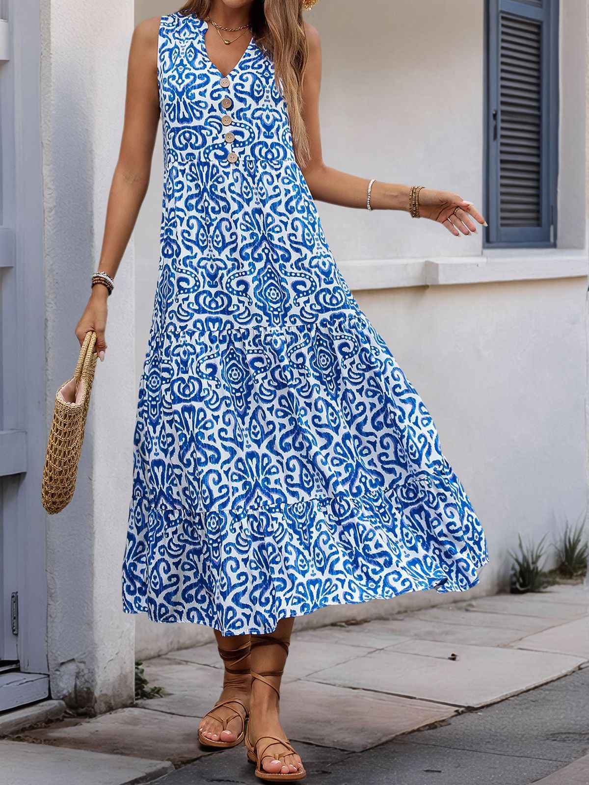 Women's Casual Summer Boho Vacation Printed V-Neck Button Sleeveless Dress