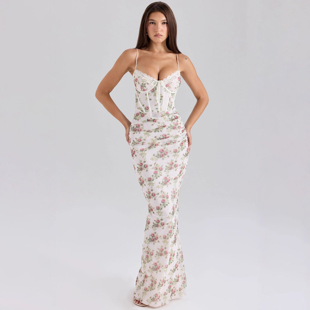 Women's Sexy Summer Flower Printed Spaghetti Strap Slim-Fit Lace Dress