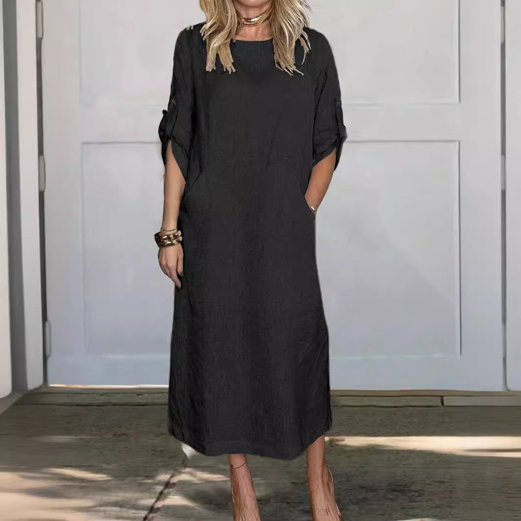 Women's Solid Color Round Neck Short Sleeve Pocket Cotton Linen Maxi Dress