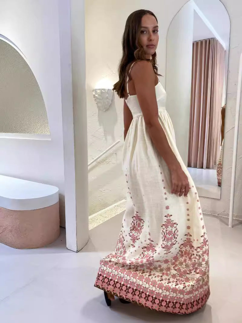 Women's Sexy Boho Vacation Printed Cotton Linen Spaghetti Strap Loose Dress