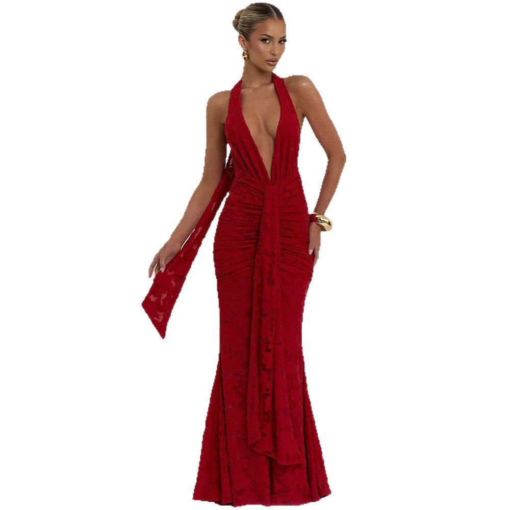 Women's Sexy Backless Lace-Up Deep V-Neck Pleated Fishtail Maxi Dress